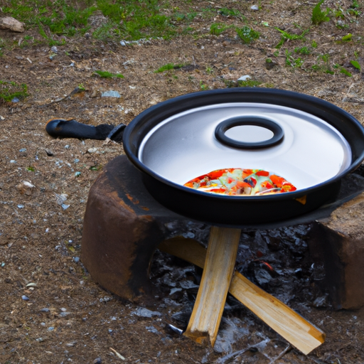 A Dutch oven placed over a campfire, ready to cook a delicious pizza in the great outdoors.