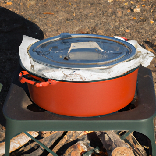 A Dutch oven placed over a campfire, ready to cook a delicious Dutch Oven Lasagna.