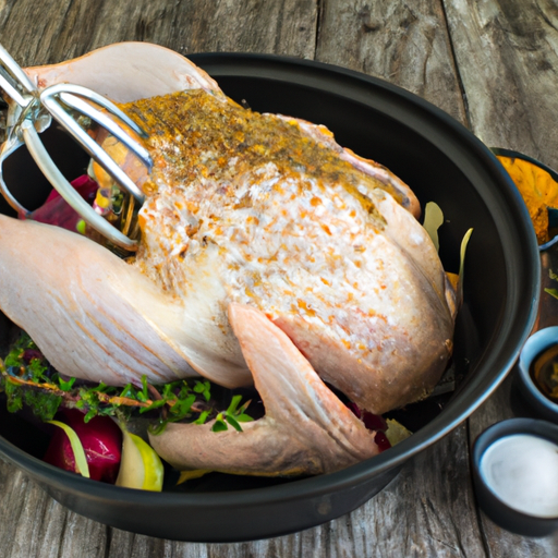 Preparing the turkey for roasting in a dutch oven, with herbs and spices.